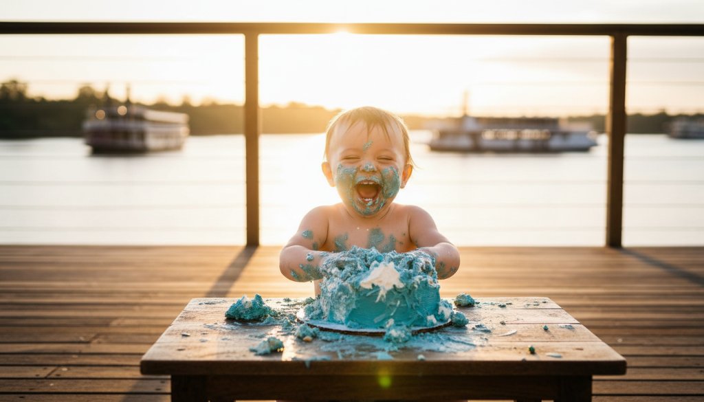 An 'epic moment' photograph capturing the sheer joy of a toddler amidst a colourful cake smash, covered in frosting and laughing, set against a rustic Echuca backdrop, showcasing professional cake smash photography Echuca memorable moments.