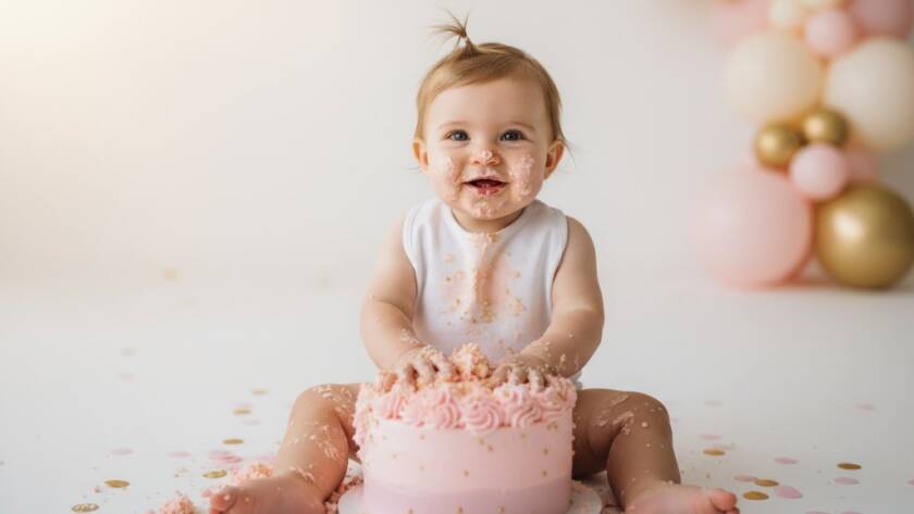 An epic moment captured during professional cake smash photography Williamstown North Victoria, showing a baby gleefully covered in frosting, with dramatic backlighting highlighting the joyful mess and confetti.