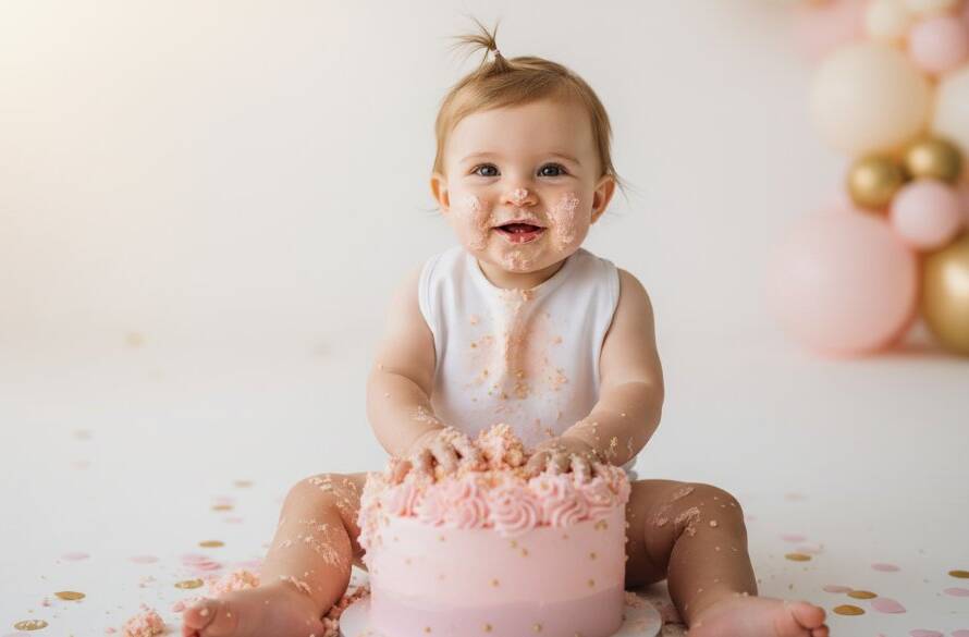 An epic moment captured during professional cake smash photography Williamstown North Victoria, showing a baby gleefully covered in frosting, with dramatic backlighting highlighting the joyful mess and confetti.
