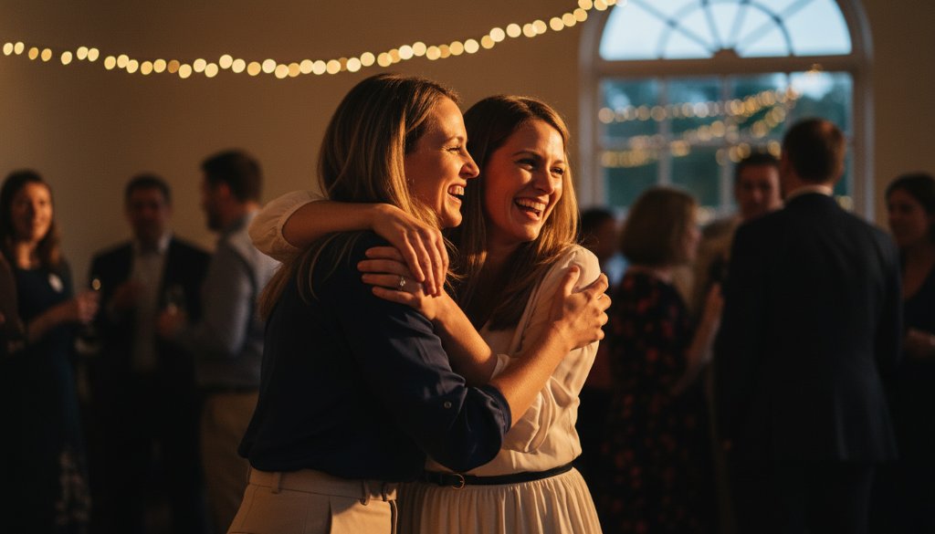 An epic, emotionally resonant photograph showcasing professional candid event photography in Ashwood, Victoria, capturing a genuine moment of laughter and connection among guests at a stylish Ashwood community gathering, bathed in warm, dramatic ambient light.