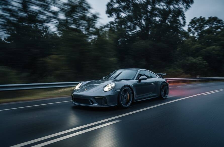 Epic moment captured during a professional car photography Nunawading high-octane shoot, featuring a sleek, dark sports car speeding down a tree-lined street at dusk, blurred motion, dramatic headlights, and a professional, cinematic aesthetic.