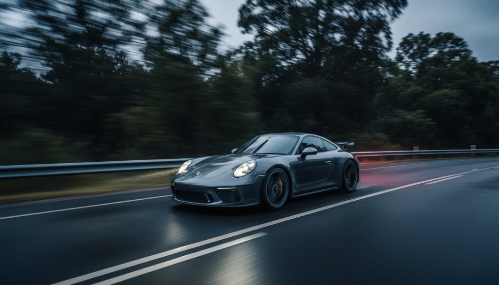 Epic moment captured during a professional car photography Nunawading high-octane shoot, featuring a sleek, dark sports car speeding down a tree-lined street at dusk, blurred motion, dramatic headlights, and a professional, cinematic aesthetic.