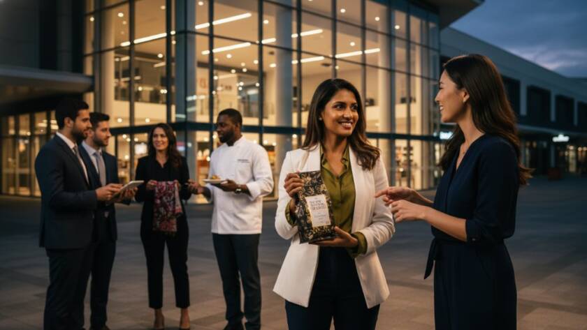 Dynamic, cinematic wide shot featuring a diverse group of small business owners proudly presenting their services and products against a bustling Chadstone Shopping Centre backdrop at dusk, illuminated by glowing storefront lights and dramatic, warm street lighting, emphasizing their unique brand identities, professional Chadstone branding photography for small businesses.