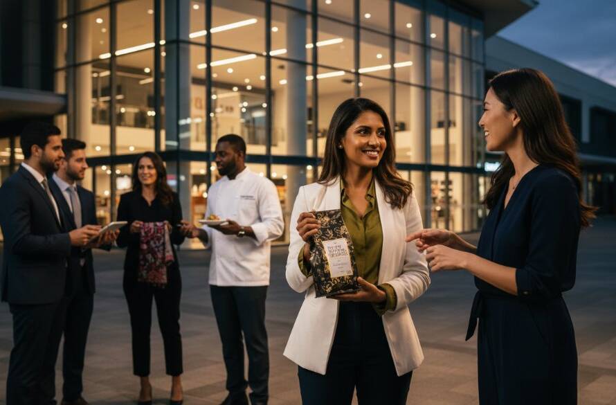 Dynamic, cinematic wide shot featuring a diverse group of small business owners proudly presenting their services and products against a bustling Chadstone Shopping Centre backdrop at dusk, illuminated by glowing storefront lights and dramatic, warm street lighting, emphasizing their unique brand identities, professional Chadstone branding photography for small businesses.