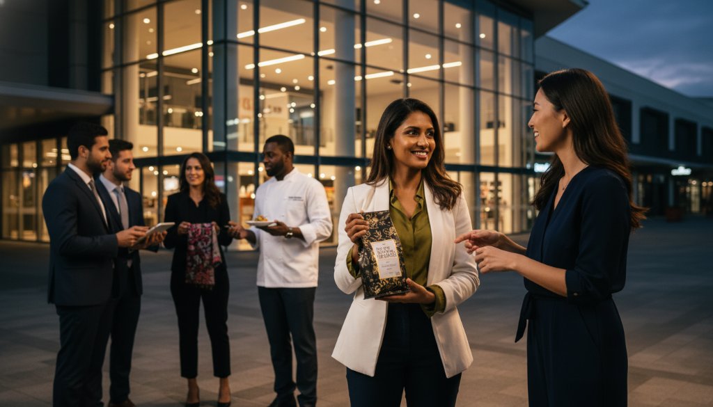 Dynamic, cinematic wide shot featuring a diverse group of small business owners proudly presenting their services and products against a bustling Chadstone Shopping Centre backdrop at dusk, illuminated by glowing storefront lights and dramatic, warm street lighting, emphasizing their unique brand identities, professional Chadstone branding photography for small businesses.