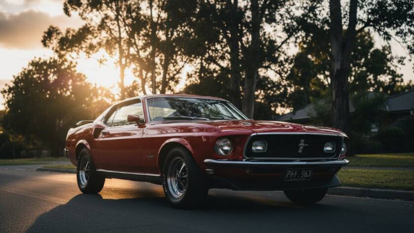 Dramatic shot of a polished vintage muscle car at sunset, framed by lush eucalypts in Blackburn South, highlighting professional classic car photography Blackburn South expertise with warm golden light.