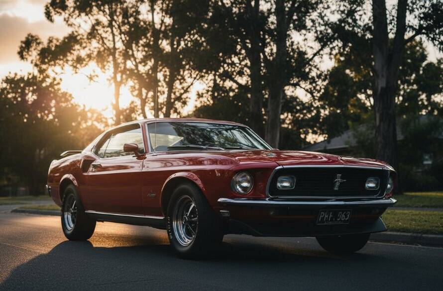 Dramatic shot of a polished vintage muscle car at sunset, framed by lush eucalypts in Blackburn South, highlighting professional classic car photography Blackburn South expertise with warm golden light.