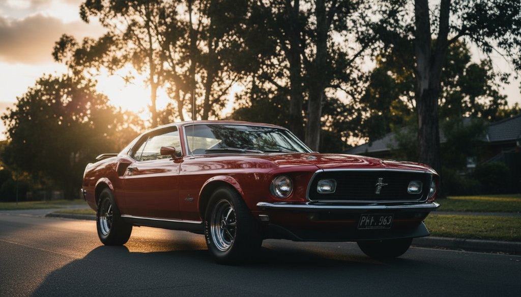 Dramatic shot of a polished vintage muscle car at sunset, framed by lush eucalypts in Blackburn South, highlighting professional classic car photography Blackburn South expertise with warm golden light.