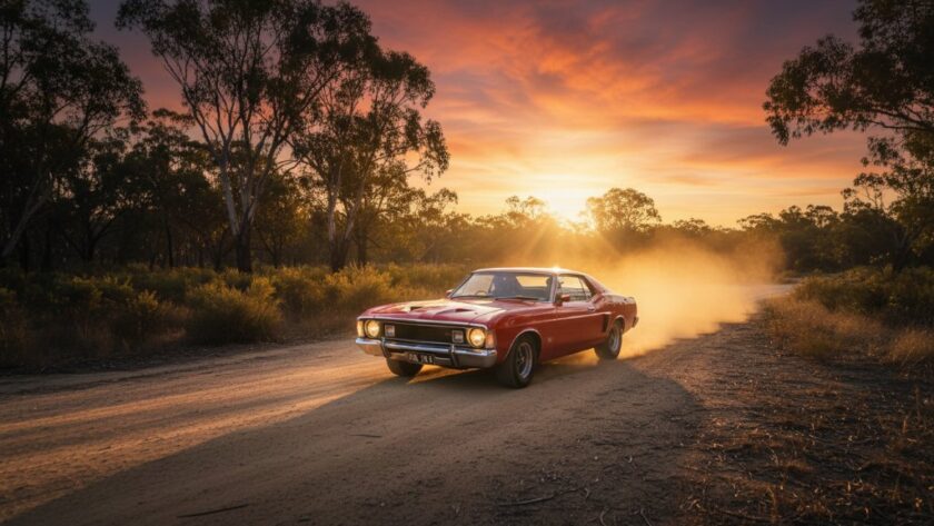 Epic moment of a classic muscle car, polished to a high sheen, speeding through the dappled light of the Canadian bushland at sunset, captured with expert Professional Classic Car Photography Canadian Bushland Goldfields Victoria. The car's silhouette is sharp against the golden hour glow, dust subtly rising, conveying power and timeless elegance.