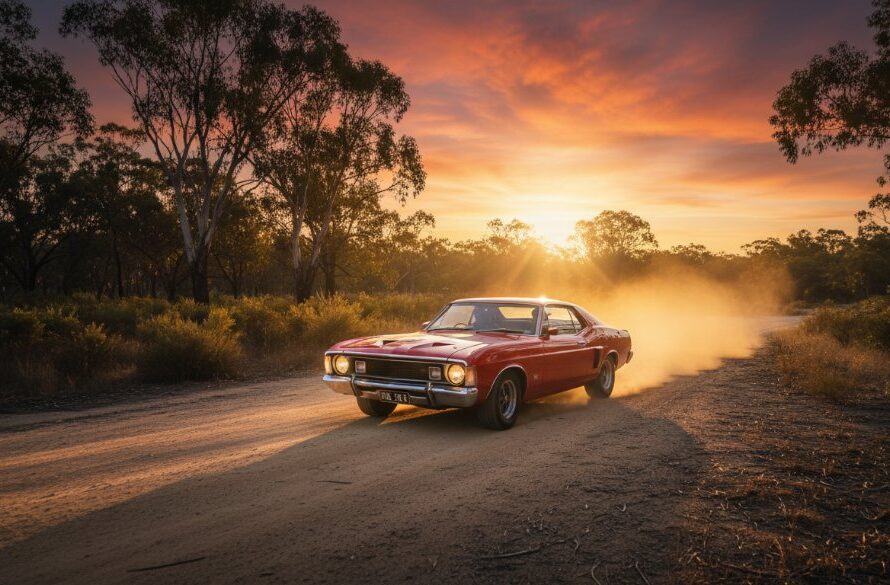 Epic moment of a classic muscle car, polished to a high sheen, speeding through the dappled light of the Canadian bushland at sunset, captured with expert Professional Classic Car Photography Canadian Bushland Goldfields Victoria. The car's silhouette is sharp against the golden hour glow, dust subtly rising, conveying power and timeless elegance.