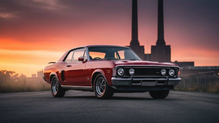 A stunning, low-angle, dramatic shot showcasing professional classic car photography Newport Victoria, featuring a gleaming vintage muscle car parked at sunset with the iconic Newport Power Station towers subtly silhouetted in the misty background, under a fiery orange and purple sky, evoking a sense of powerful nostalgia and cinematic beauty.