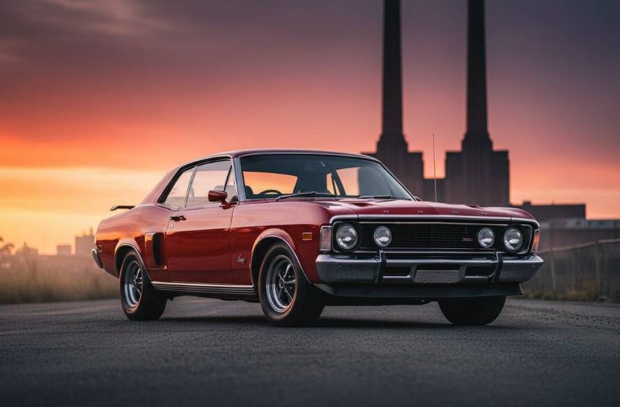 A stunning, low-angle, dramatic shot showcasing professional classic car photography Newport Victoria, featuring a gleaming vintage muscle car parked at sunset with the iconic Newport Power Station towers subtly silhouetted in the misty background, under a fiery orange and purple sky, evoking a sense of powerful nostalgia and cinematic beauty.