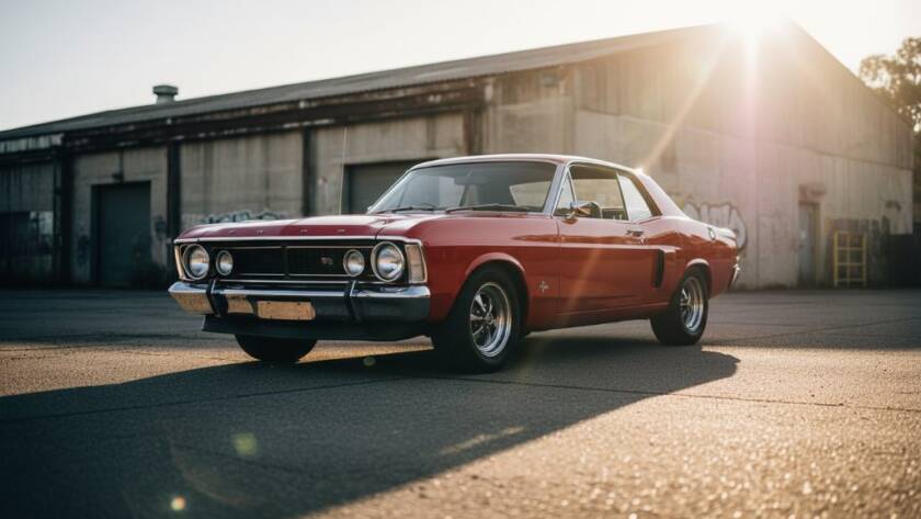 Dynamic wide shot capturing a gleaming vintage red Ford Falcon GT-HO Phase II muscle car at sunset in a gritty industrial area of Sunshine West, showcasing professional classic car photography Sunshine West. The car is perfectly positioned, with dramatic lens flare from the setting sun, highlighting its chrome details and muscular lines. The scene conveys power and timeless Australian motoring heritage.
