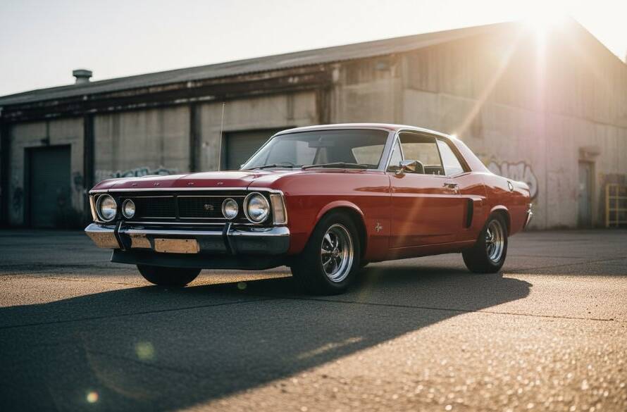 Dynamic wide shot capturing a gleaming vintage red Ford Falcon GT-HO Phase II muscle car at sunset in a gritty industrial area of Sunshine West, showcasing professional classic car photography Sunshine West. The car is perfectly positioned, with dramatic lens flare from the setting sun, highlighting its chrome details and muscular lines. The scene conveys power and timeless Australian motoring heritage.