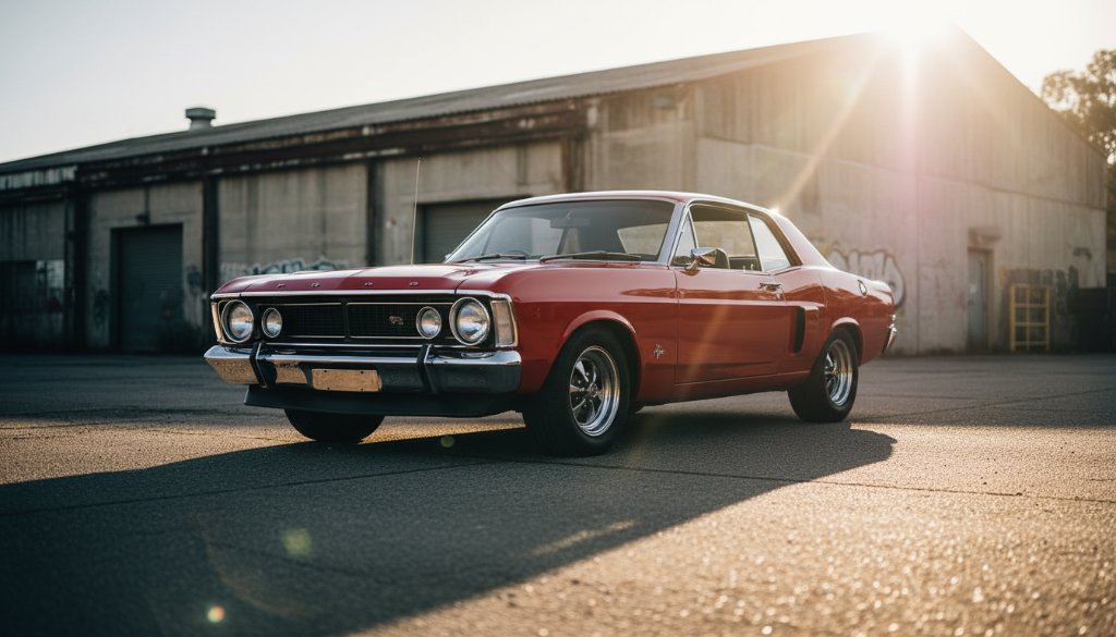 Dynamic wide shot capturing a gleaming vintage red Ford Falcon GT-HO Phase II muscle car at sunset in a gritty industrial area of Sunshine West, showcasing professional classic car photography Sunshine West. The car is perfectly positioned, with dramatic lens flare from the setting sun, highlighting its chrome details and muscular lines. The scene conveys power and timeless Australian motoring heritage.