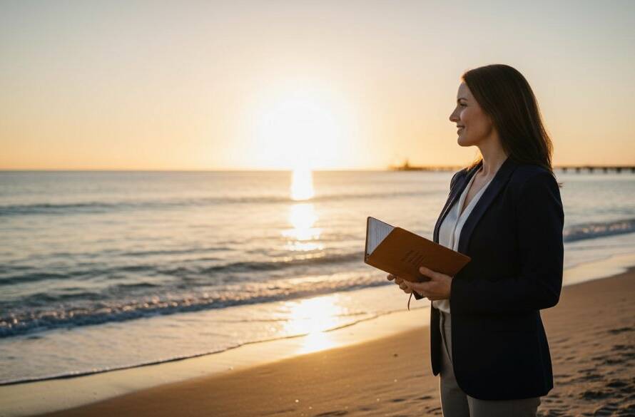 Professional coastal branding photography in Bonbeach, epic shot of a local business owner standing confidently on the Bonbeach shore at sunset, dramatic golden light, reflecting brand strength and local connection.