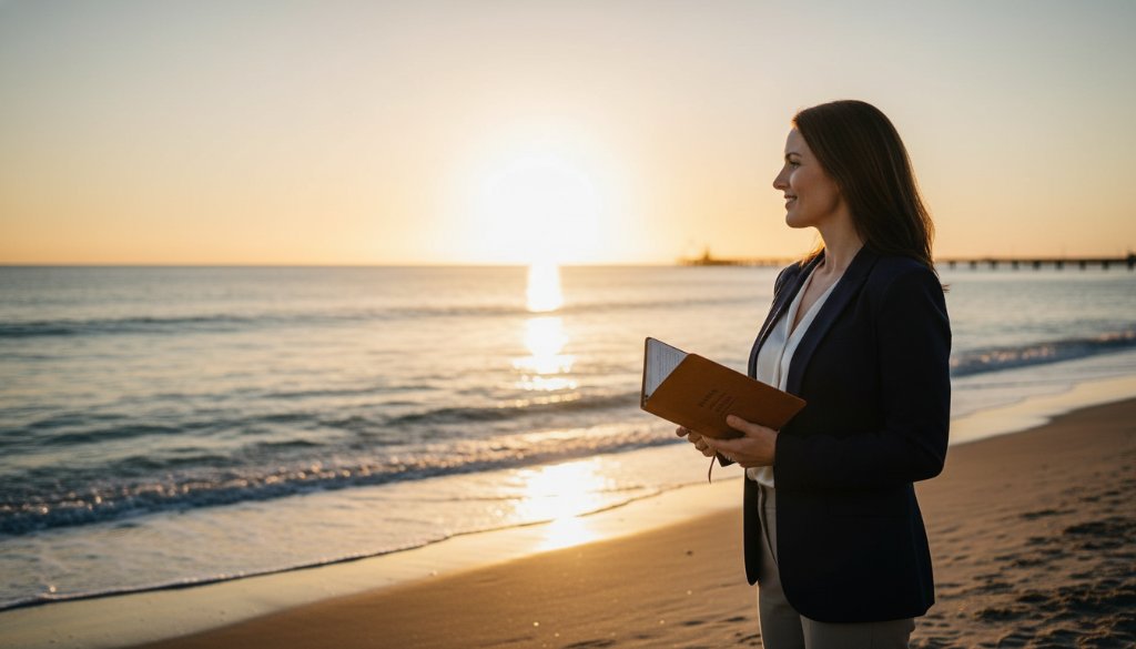 Professional coastal branding photography in Bonbeach, epic shot of a local business owner standing confidently on the Bonbeach shore at sunset, dramatic golden light, reflecting brand strength and local connection.