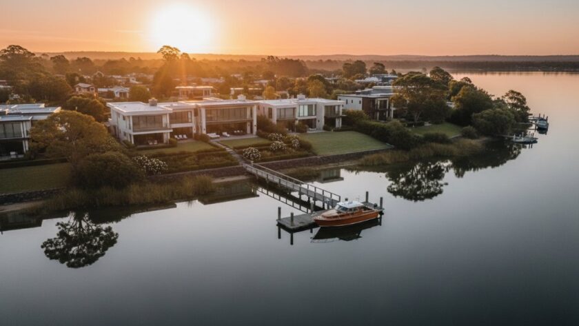 Dramatic aerial view showcasing a luxury waterfront property with a private jetty, bathed in golden hour light, overlooking the serene Lakes Entrance coastline. This professional coastal real estate photography in Lakes Entrance highlights the unique lifestyle and stunning natural beauty of the Gippsland Lakes region.