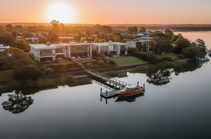 Dramatic aerial view showcasing a luxury waterfront property with a private jetty, bathed in golden hour light, overlooking the serene Lakes Entrance coastline. This professional coastal real estate photography in Lakes Entrance highlights the unique lifestyle and stunning natural beauty of the Gippsland Lakes region.