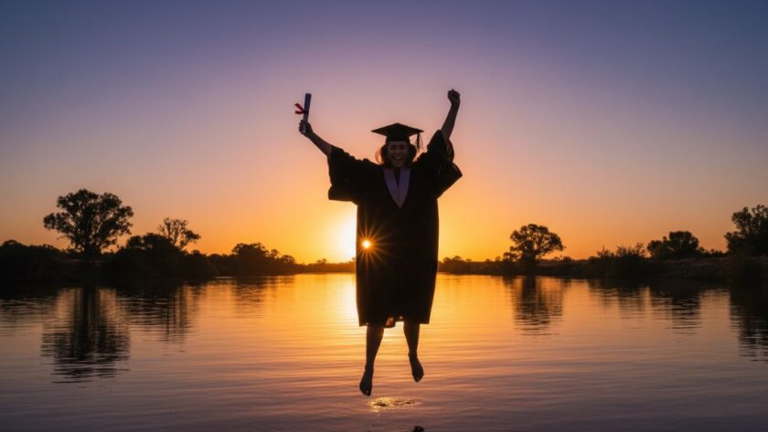 A jubilant graduate in cap and gown, framed against the iconic Murray River sunset in Cobram, Victoria, with their diploma held high, captured through professional Cobram Victoria graduation photography packages, exuding pride and achievement.