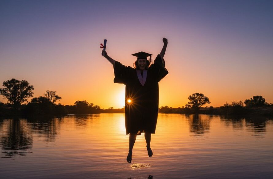A jubilant graduate in cap and gown, framed against the iconic Murray River sunset in Cobram, Victoria, with their diploma held high, captured through professional Cobram Victoria graduation photography packages, exuding pride and achievement.