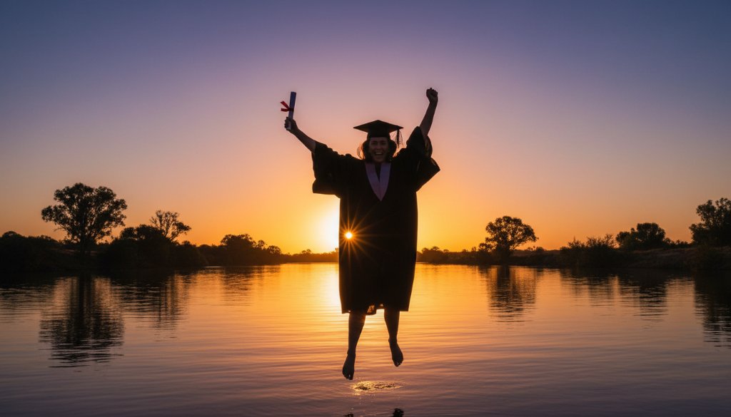 A jubilant graduate in cap and gown, framed against the iconic Murray River sunset in Cobram, Victoria, with their diploma held high, captured through professional Cobram Victoria graduation photography packages, exuding pride and achievement.