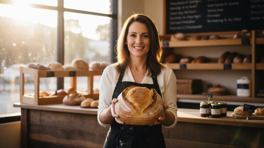Dramatic shot of a small business owner in Doncaster East showcasing their handcrafted products with a professional commercial photography setup, bathed in warm, cinematic light, highlighting attention to detail.