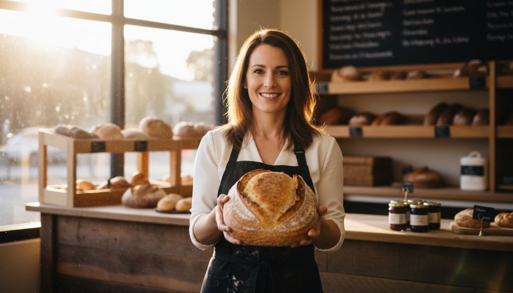 Dramatic shot of a small business owner in Doncaster East showcasing their handcrafted products with a professional commercial photography setup, bathed in warm, cinematic light, highlighting attention to detail.