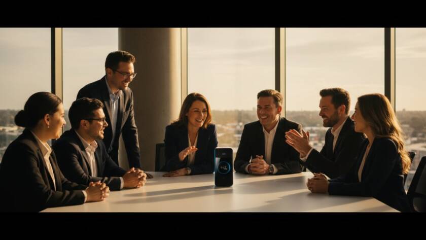 Dynamic and striking photograph showcasing professional commercial photography Forest Hill businesses for a tech startup, with a diverse team collaborating intensely around a sleek product, bathed in dramatic natural light from a large window at Forest Hill Chase, highlighting innovation and teamwork.