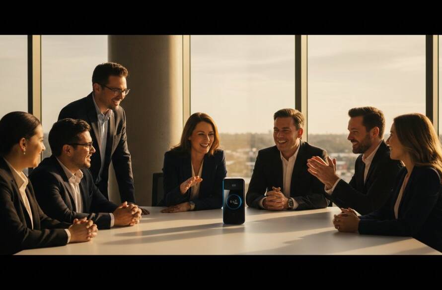 Dynamic and striking photograph showcasing professional commercial photography Forest Hill businesses for a tech startup, with a diverse team collaborating intensely around a sleek product, bathed in dramatic natural light from a large window at Forest Hill Chase, highlighting innovation and teamwork.