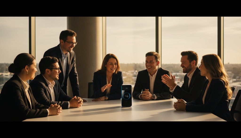 Dynamic and striking photograph showcasing professional commercial photography Forest Hill businesses for a tech startup, with a diverse team collaborating intensely around a sleek product, bathed in dramatic natural light from a large window at Forest Hill Chase, highlighting innovation and teamwork.