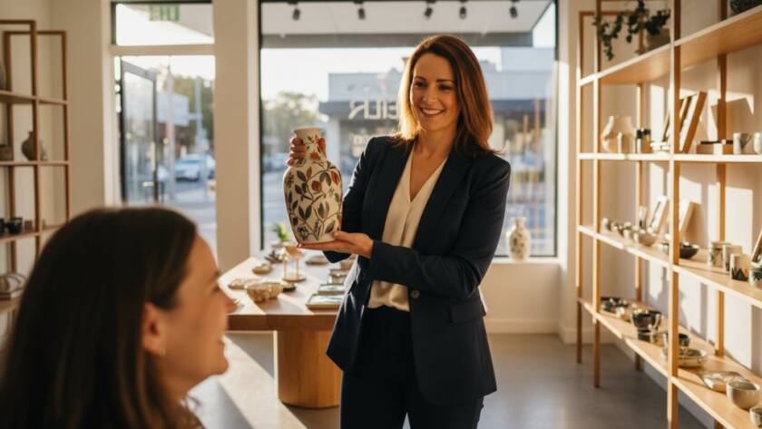 Dynamic shot of a successful small business owner in Glen Iris, Victoria, proudly showcasing their product in a modern, light-filled studio, captured with Professional Commercial Photography Glen Iris Victoria, dramatic lighting highlighting their professionalism and brand story.