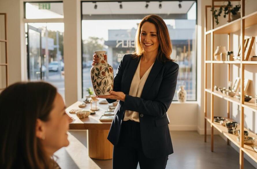 Dynamic shot of a successful small business owner in Glen Iris, Victoria, proudly showcasing their product in a modern, light-filled studio, captured with Professional Commercial Photography Glen Iris Victoria, dramatic lighting highlighting their professionalism and brand story.