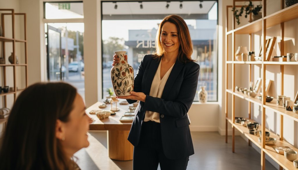 Dynamic shot of a successful small business owner in Glen Iris, Victoria, proudly showcasing their product in a modern, light-filled studio, captured with Professional Commercial Photography Glen Iris Victoria, dramatic lighting highlighting their professionalism and brand story.