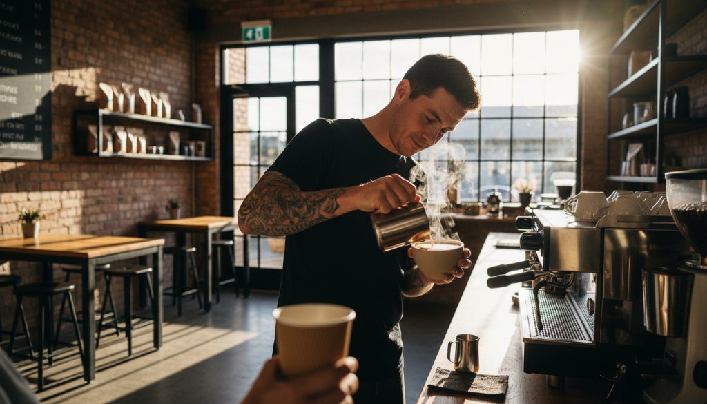 Dynamic wide shot capturing professional commercial photography Hoppers Crossing for local brands, showing a busy, modern retail space in Hoppers Crossing with dramatic lighting, customers interacting, and a photographer in action, conveying energy and professionalism.