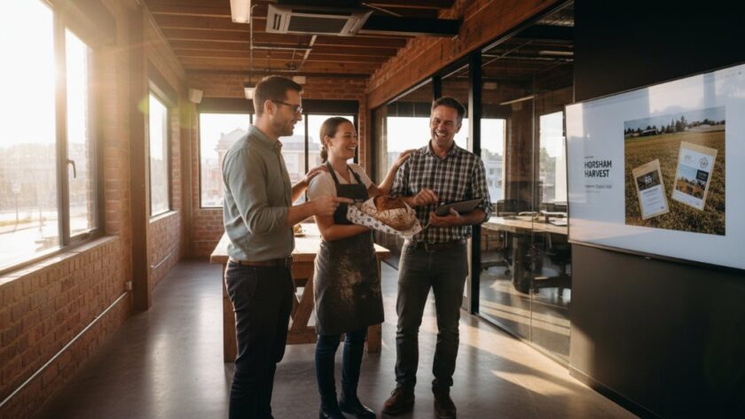 An inspiring wide-angle shot capturing the essence of Professional Commercial Photography Horsham Victoria Business Growth, featuring a local Horsham business owner confidently presenting their innovative product in a beautifully lit, modern showroom, with a blurred backdrop of Horsham's vibrant streetscape at dusk, conveying progress and success.