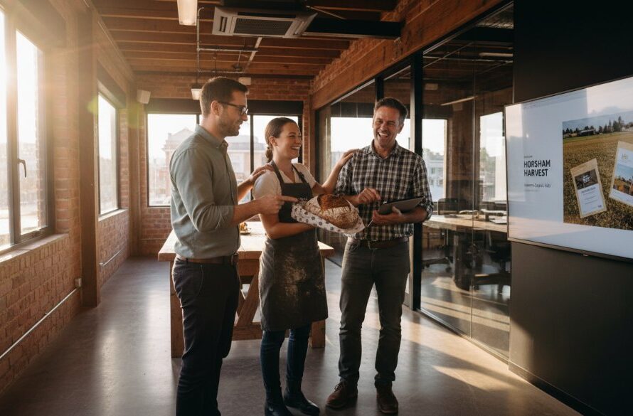 An inspiring wide-angle shot capturing the essence of Professional Commercial Photography Horsham Victoria Business Growth, featuring a local Horsham business owner confidently presenting their innovative product in a beautifully lit, modern showroom, with a blurred backdrop of Horsham's vibrant streetscape at dusk, conveying progress and success.