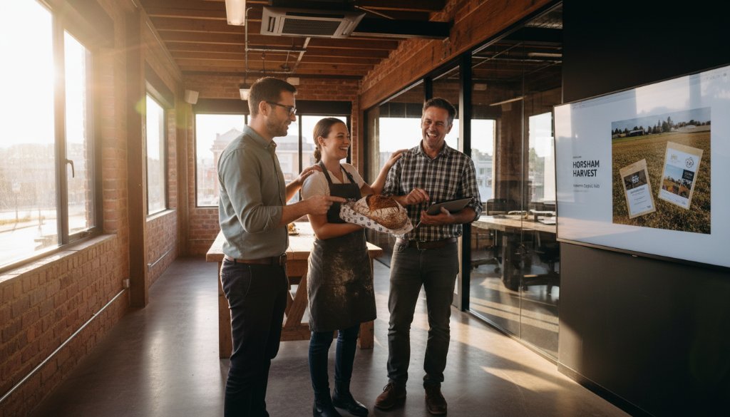 An inspiring wide-angle shot capturing the essence of Professional Commercial Photography Horsham Victoria Business Growth, featuring a local Horsham business owner confidently presenting their innovative product in a beautifully lit, modern showroom, with a blurred backdrop of Horsham's vibrant streetscape at dusk, conveying progress and success.