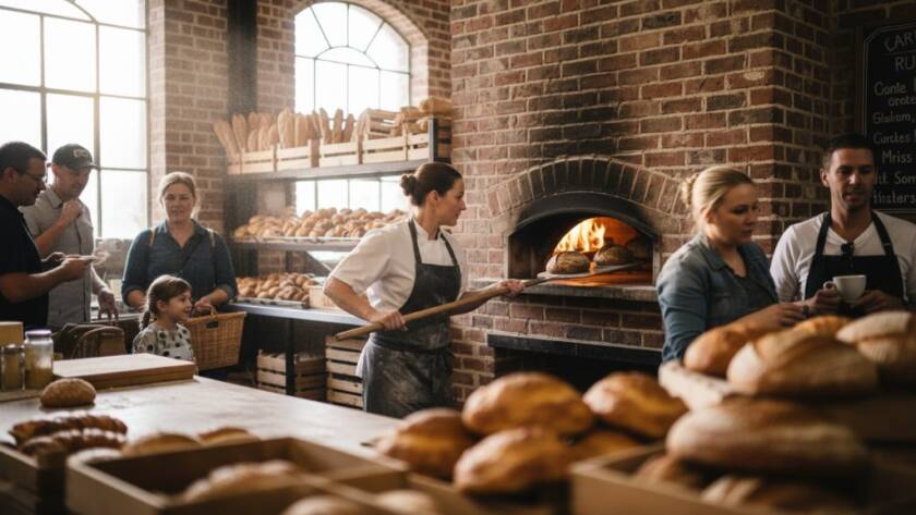 A wide-angle, dramatic professional commercial photography Keilor businesses thrive on, capturing a modern café interior in Keilor, Victoria, bustling with patrons and bathed in warm, inviting natural light, highlighting intricate details of artisanal coffee preparation and the vibrant community atmosphere, with a focus on a barista expertly crafting a latte, evoking success and quality.