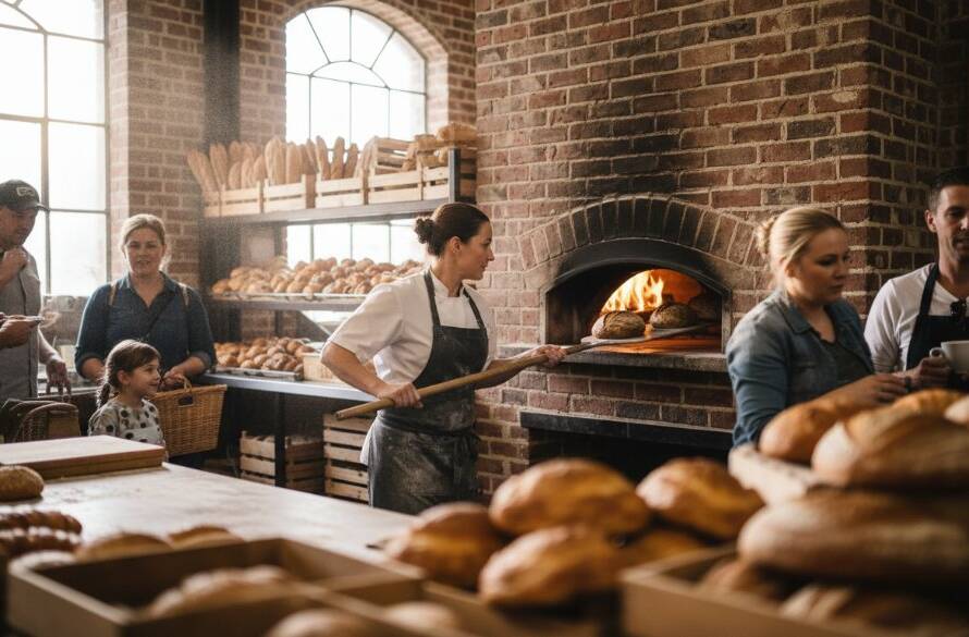 A wide-angle, dramatic professional commercial photography Keilor businesses thrive on, capturing a modern café interior in Keilor, Victoria, bustling with patrons and bathed in warm, inviting natural light, highlighting intricate details of artisanal coffee preparation and the vibrant community atmosphere, with a focus on a barista expertly crafting a latte, evoking success and quality.
