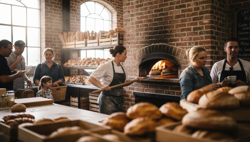 A wide-angle, dramatic professional commercial photography Keilor businesses thrive on, capturing a modern café interior in Keilor, Victoria, bustling with patrons and bathed in warm, inviting natural light, highlighting intricate details of artisanal coffee preparation and the vibrant community atmosphere, with a focus on a barista expertly crafting a latte, evoking success and quality.