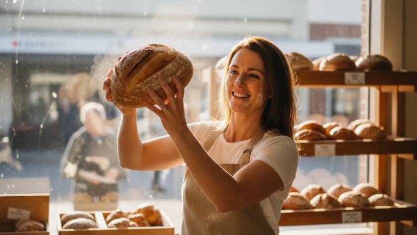 An epic moment captured in Melton South: A dynamic shot of a local artisanal bakery owner proudly presenting a freshly baked, perfectly golden sourdough loaf in their vibrant shop, bathed in dramatic natural light, showcasing the essence of professional commercial photography Melton South small business branding.