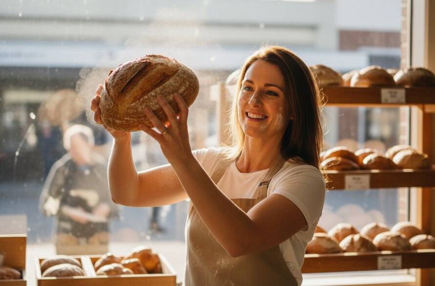 An epic moment captured in Melton South: A dynamic shot of a local artisanal bakery owner proudly presenting a freshly baked, perfectly golden sourdough loaf in their vibrant shop, bathed in dramatic natural light, showcasing the essence of professional commercial photography Melton South small business branding.