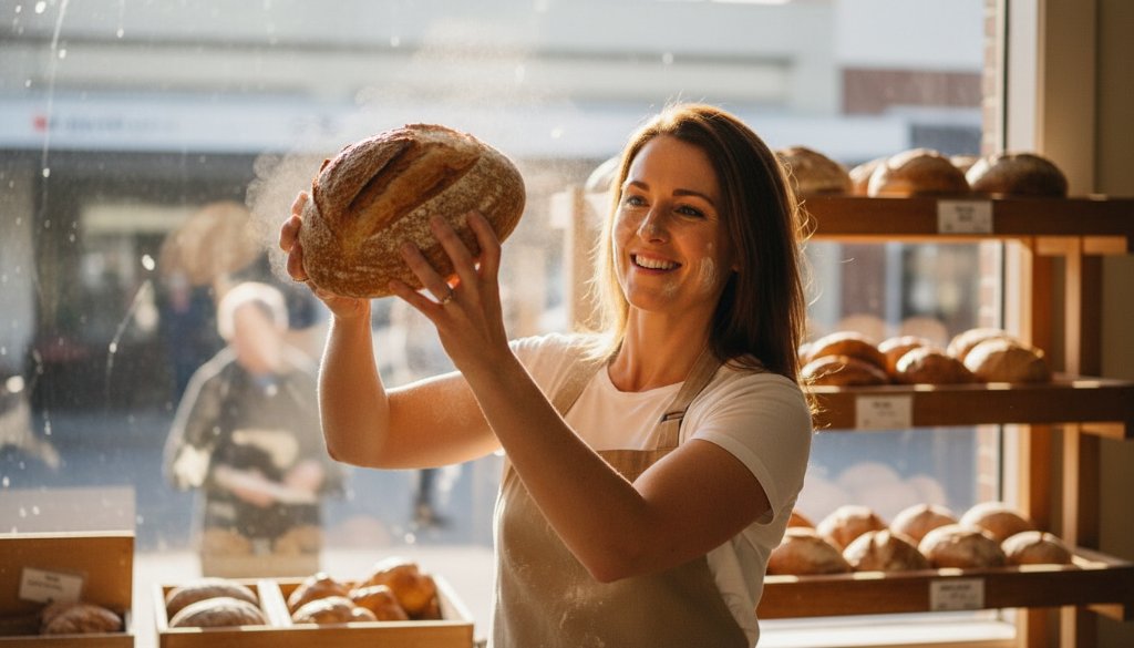 An epic moment captured in Melton South: A dynamic shot of a local artisanal bakery owner proudly presenting a freshly baked, perfectly golden sourdough loaf in their vibrant shop, bathed in dramatic natural light, showcasing the essence of professional commercial photography Melton South small business branding.