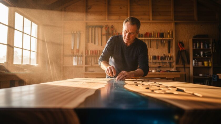 A wide-angle, epic moment shot of a local Orbost artisan proudly presenting their handcrafted timber product inside their sunlit workshop, showcasing the value of professional commercial photography Orbost for local businesses, with dramatic backlighting highlighting sawdust motes and the artisan's focused expression.