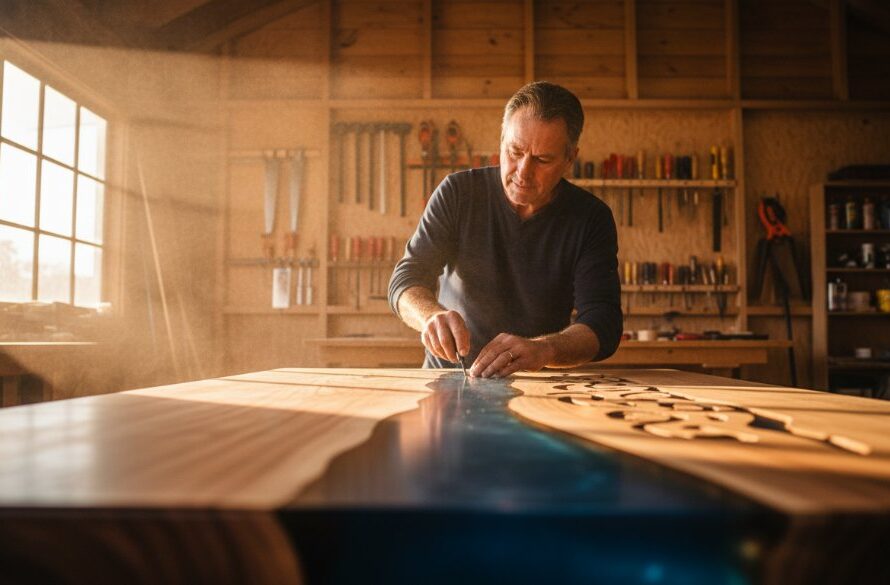 A wide-angle, epic moment shot of a local Orbost artisan proudly presenting their handcrafted timber product inside their sunlit workshop, showcasing the value of professional commercial photography Orbost for local businesses, with dramatic backlighting highlighting sawdust motes and the artisan's focused expression.