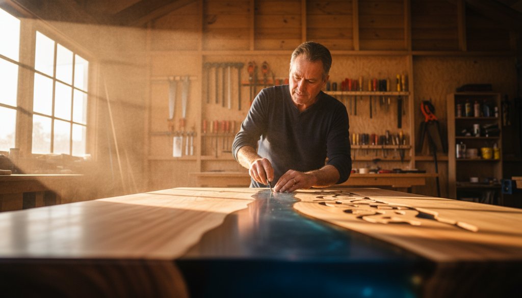 A wide-angle, epic moment shot of a local Orbost artisan proudly presenting their handcrafted timber product inside their sunlit workshop, showcasing the value of professional commercial photography Orbost for local businesses, with dramatic backlighting highlighting sawdust motes and the artisan's focused expression.