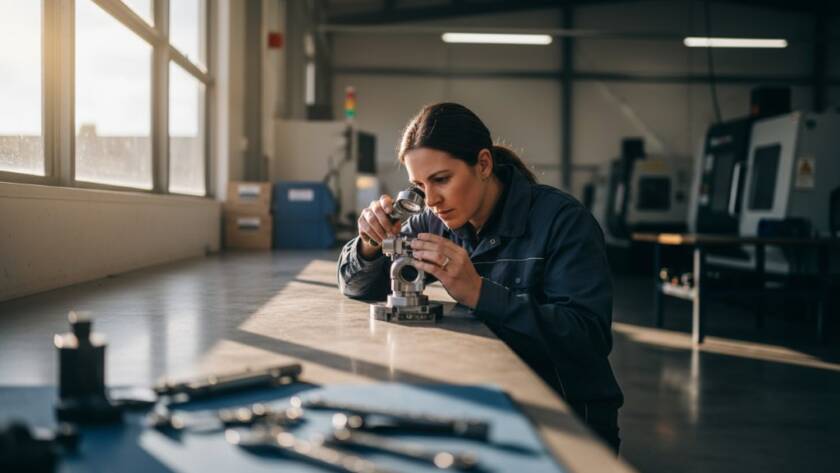 Dynamic wide-angle shot showcasing professional commercial photography services for Scoresby businesses, featuring a skilled photographer capturing an artisan at work in a modern Scoresby industrial workshop, bathed in dramatic golden hour light, conveying professionalism and craftsmanship.