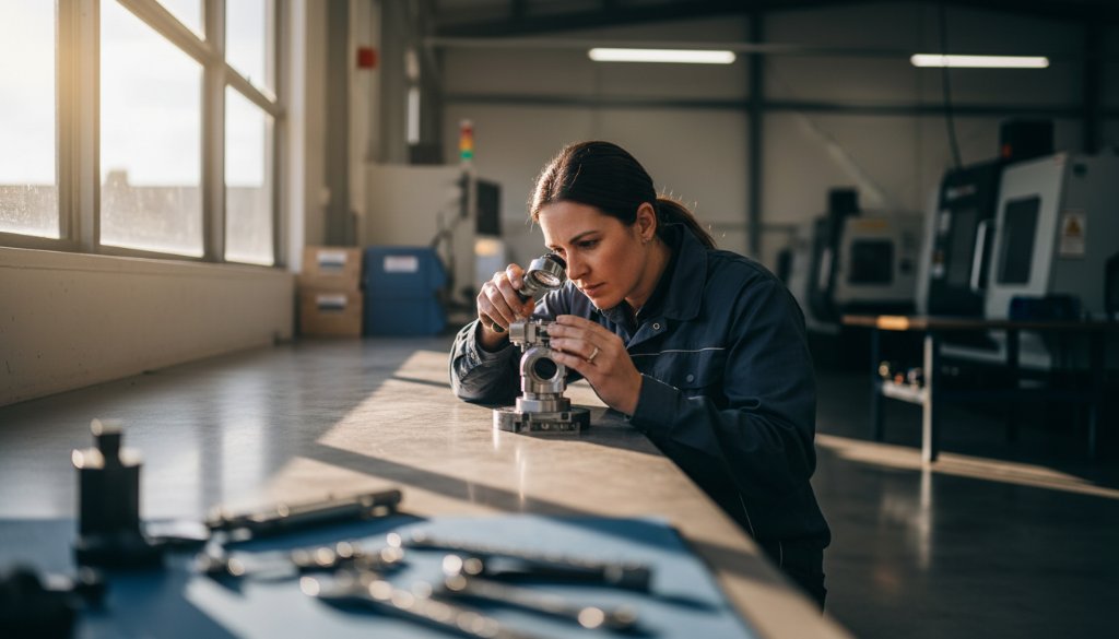 Dynamic wide-angle shot showcasing professional commercial photography services for Scoresby businesses, featuring a skilled photographer capturing an artisan at work in a modern Scoresby industrial workshop, bathed in dramatic golden hour light, conveying professionalism and craftsmanship.