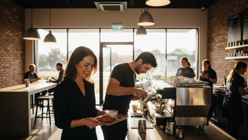 An epic moment captured in Wantirna South showing a dynamic wide-angle shot of a modern café interior bustling with activity, a barista expertly crafting a coffee with steam rising, customers engaged in conversation, bathed in warm, inviting natural light filtering through large windows, showcasing the vibrant atmosphere and meticulous detail of the establishment, emphasising professional commercial photography services Wantirna South businesses.